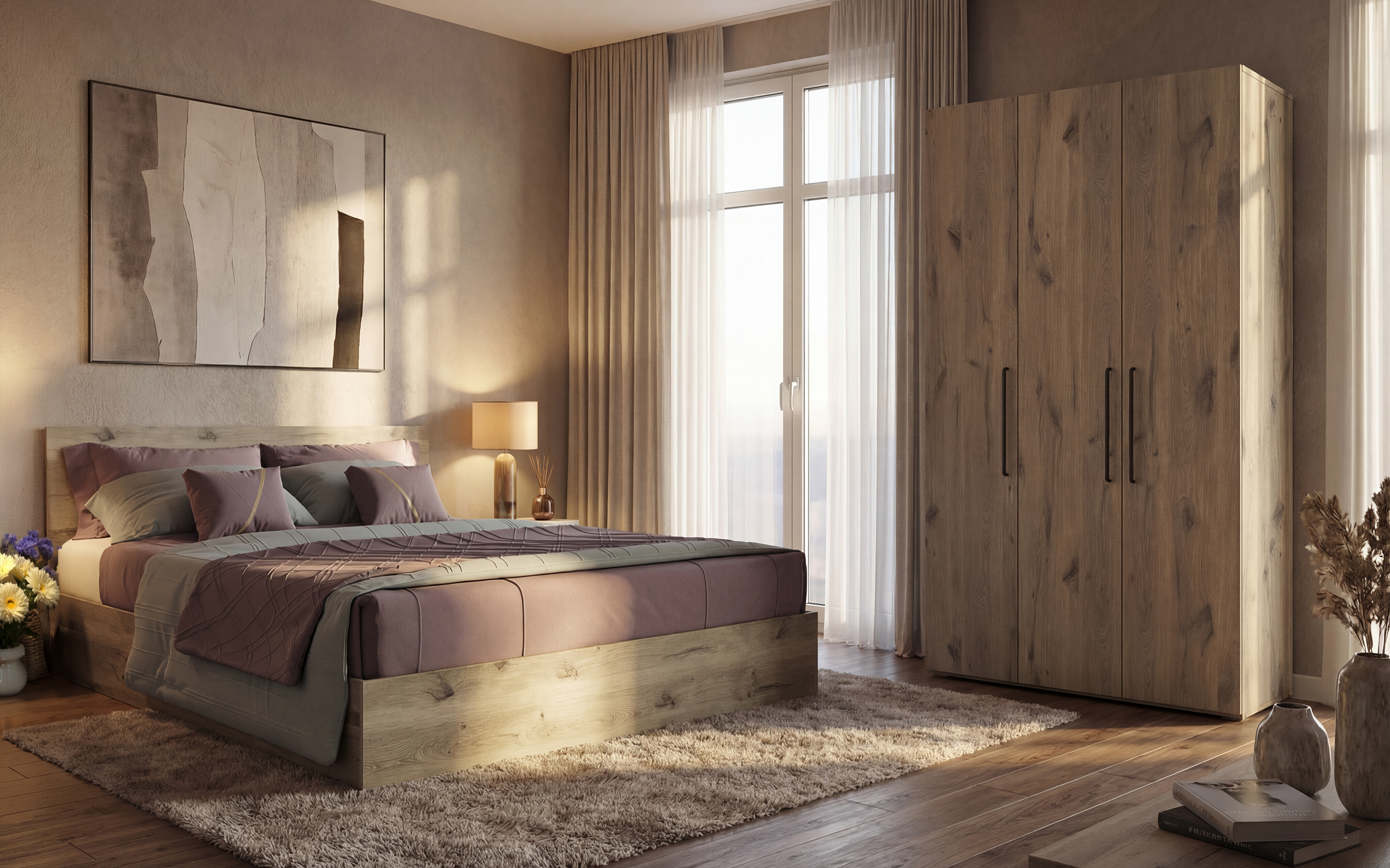 Set pentru dormitor Scandi 3, stejar scandinav deschis  1